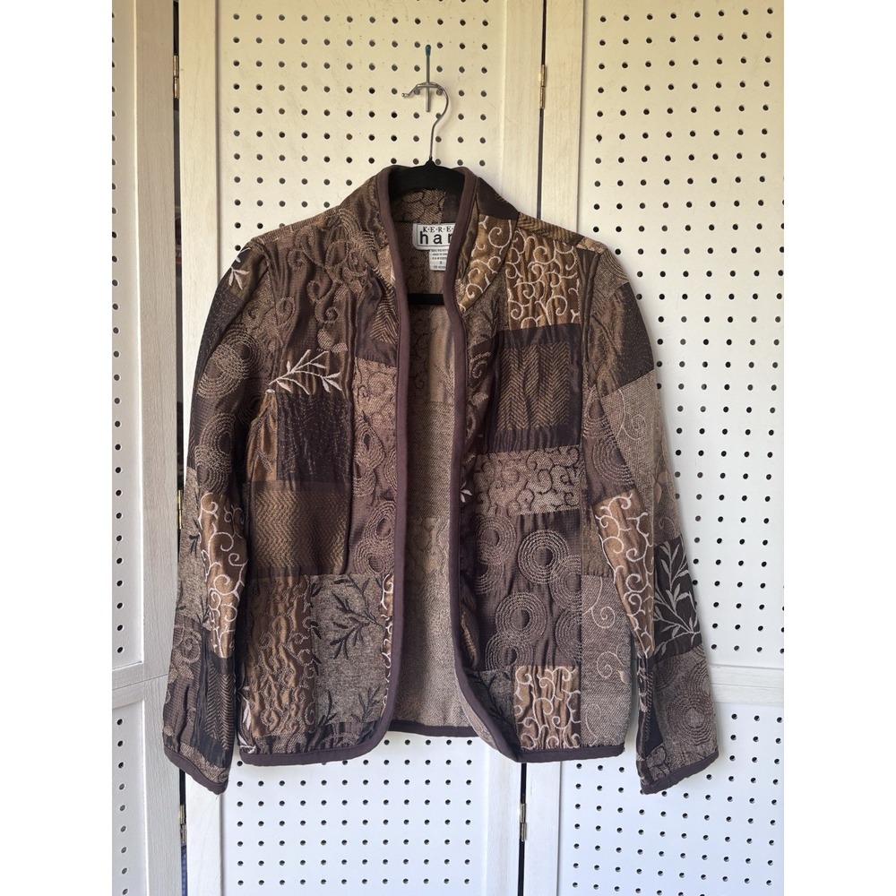 Keren Hart Women's Sm Brown Tapestry Open Front Blazer Jacket Floral Geo